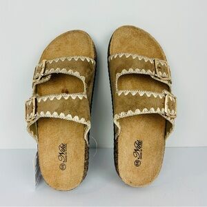 NWT Niki Slip On Sandals Women's 5/6 Taupe Double Strap Gold Buckles Embroidered